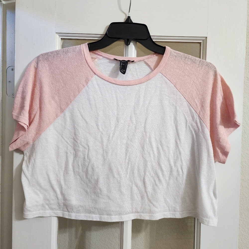Forever 21 Pink White Raglan Crop Tee Size L Colorblock Baby Tee Casual Y2K - Picture 1 of 8